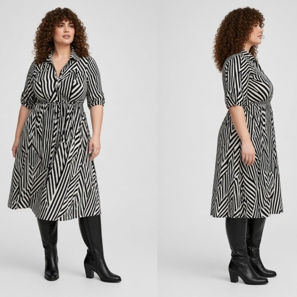 Torrid Midi Challis Shirt Dress Womens 0 Black White Abstract Geometric Collared